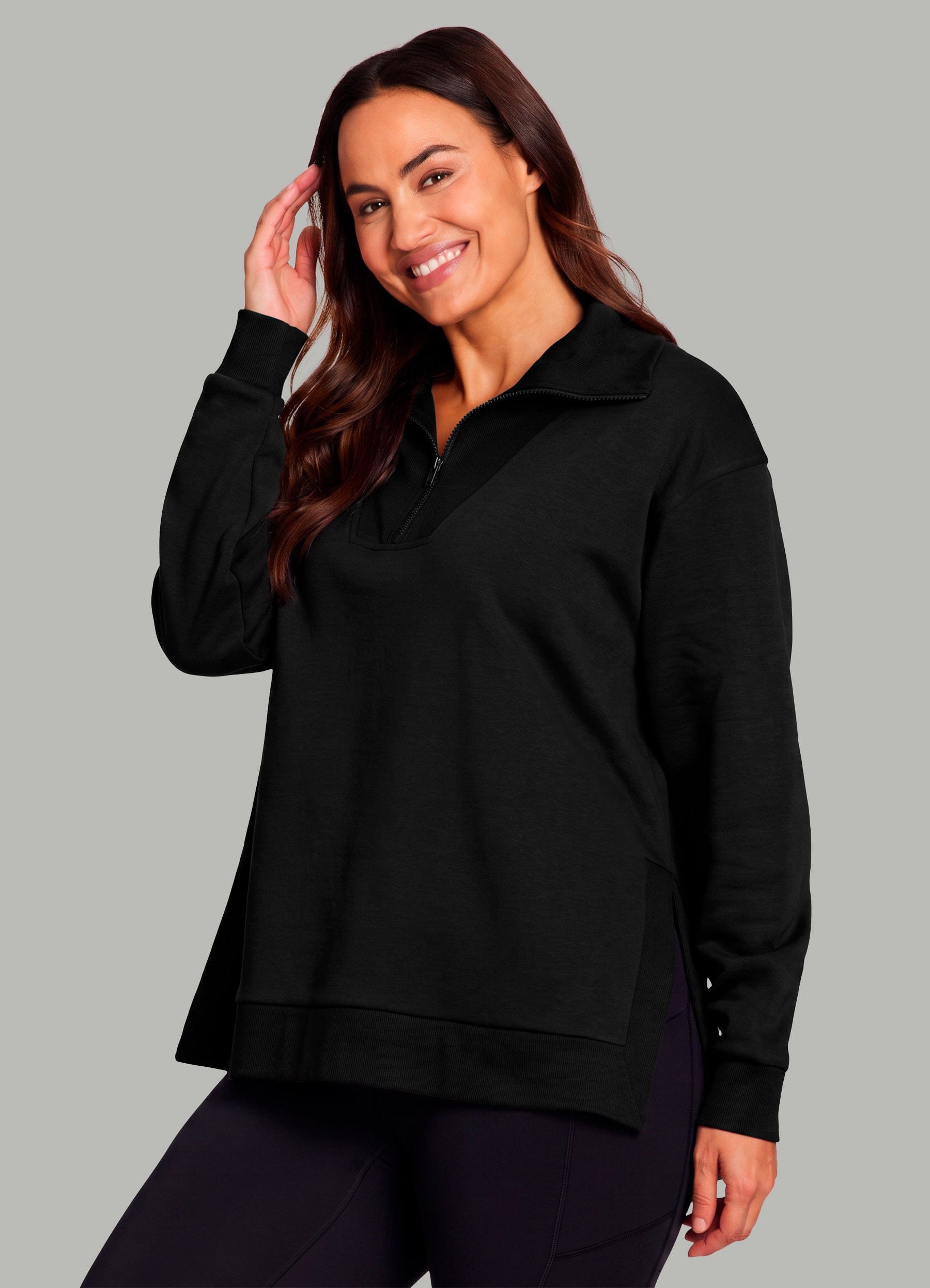 トップス relax silhouette fleece set up / black Plus Downtown Fleece 1/4 Zip Tunic - RBX Active