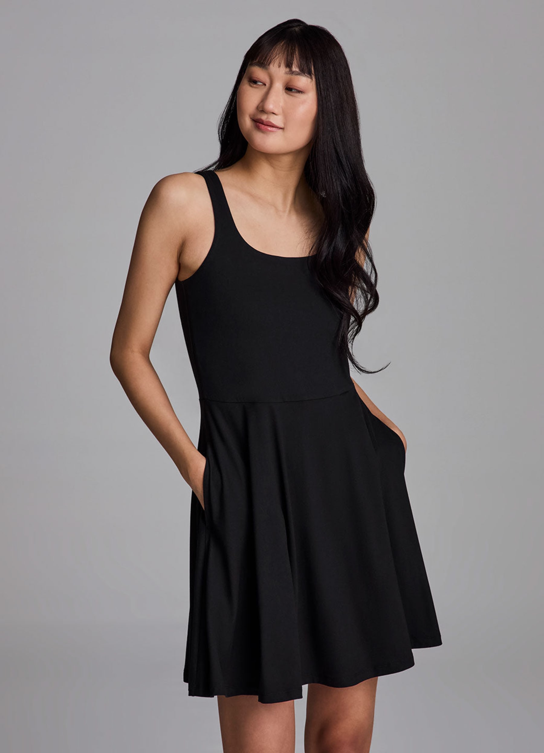 RBX Active Women's Fit and Flare Quick Dry Knit Jersey Tank Dress with Pockets, Size: XL, Black